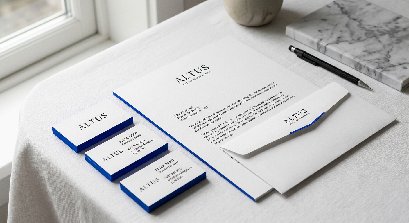 Minimal brand identity stationery with business cards and letterhead
