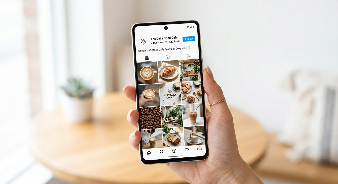 Smartphone showing a curated Instagram grid for a cafe brand